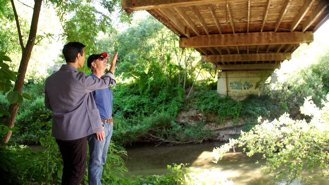 Shawn Wees showed us that the river rose up to the bottom of the covered bridge in the January 2023 storms. (Spectrum News)